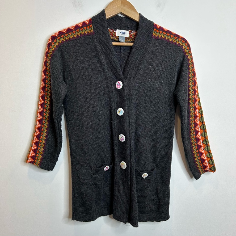 Old Navy Fair Isle Cardigan Sweater Decorative Buttons Grey